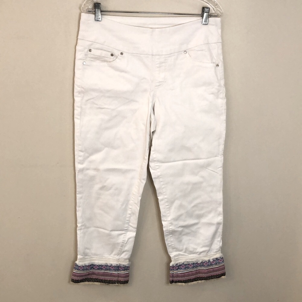 Jag Jeans High Rise Straight Ankle White Denim Jeggings ornate embroidered ankle